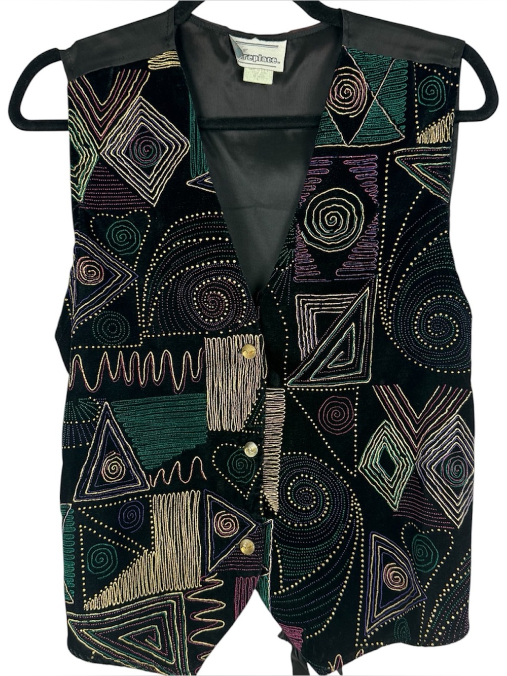 Vintage 80s Fireplace Velvet Embroidered Vest Waistcoat Boho Geometric Sz L